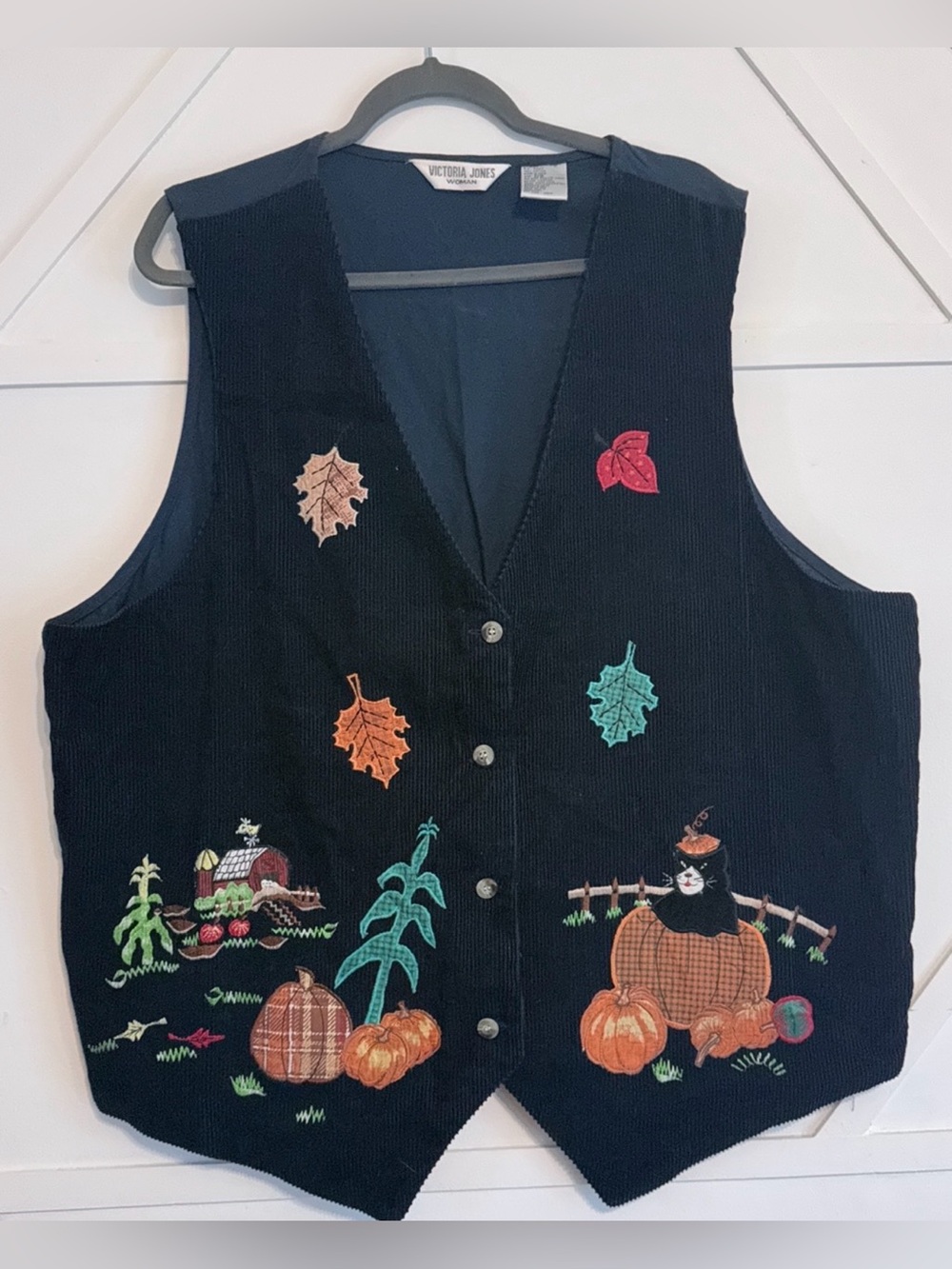 Victoria Jones Woman Black Corduroy Autumn Embroidered Vest